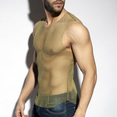 Olive green mesh tank top featuring breathable net fabric ideal for beachwear and casual summer outfits