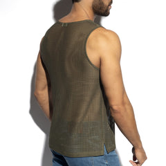 Formentera retro tank top in olive green mesh with subtle textured pattern and small metallic clasp at neckline