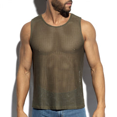 Formentera retro tank top olive green mesh with round neckline and subtle side seam detail