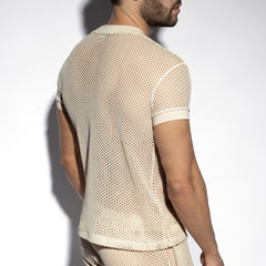 Beige raw crochet t shirt with mesh short sleeves round neckline and solid ribbed cuffs
