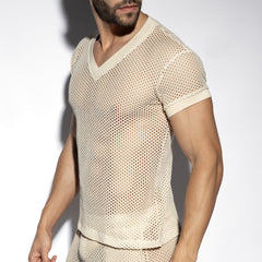 Beige raw crochet t shirt with mesh v neck short sleeves and subtle textured pattern