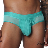Aqua turquoise briefs in a breathable, textured mesh fabric with sheer side panel detailing.