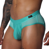 Aqua-colored athletic briefs featuring textured mesh fabric, side panels, and a Gigo branded waist patch.