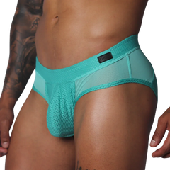Aqua-colored athletic briefs featuring textured mesh fabric, side panels, and a Gigo branded waist patch.
