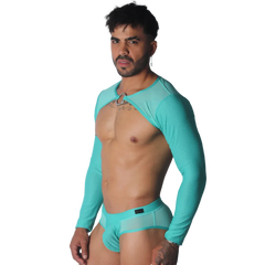 Aqua-colored mesh crop harness with long sleeves, a central metal ring detail, and matching mesh briefs.