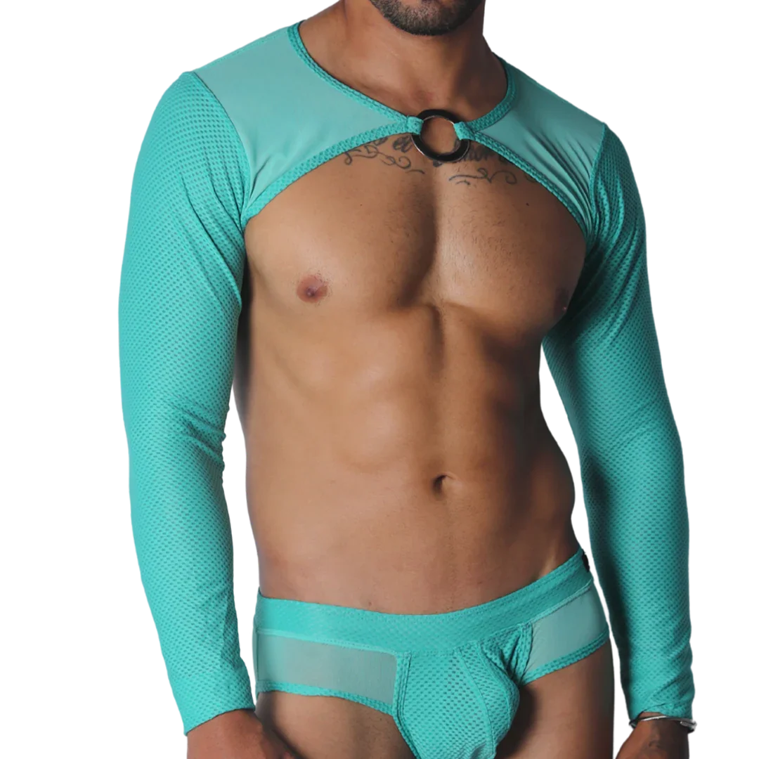Aqua mesh long-sleeve crop harness with a metallic O-ring detail at the center neckline.