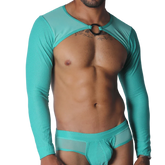 Aqua mesh long-sleeve crop harness with a metallic O-ring detail at the center neckline.