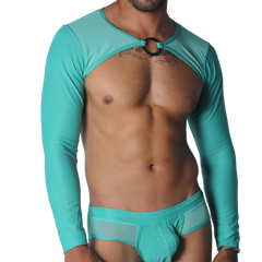 Aqua mesh long-sleeve crop harness with a metallic O-ring detail at the center neckline.