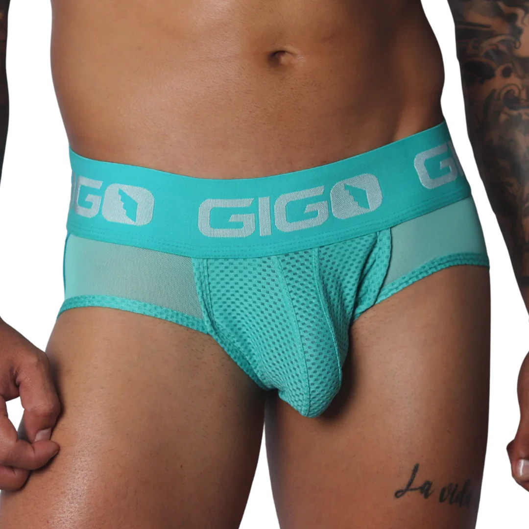 Aqua jock thong with breathable mesh fabric and wide elastic waistband featuring a repeating silver Gigo logo.