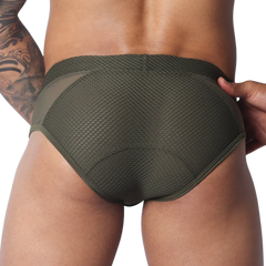 Olive green athletic briefs in textured mesh fabric with smooth side panels and rear contoured stitching.