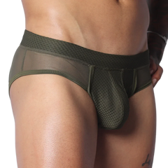 Olive green men's briefs featuring a structured mesh pouch, sheer side panels, and a textured, wide waistband.