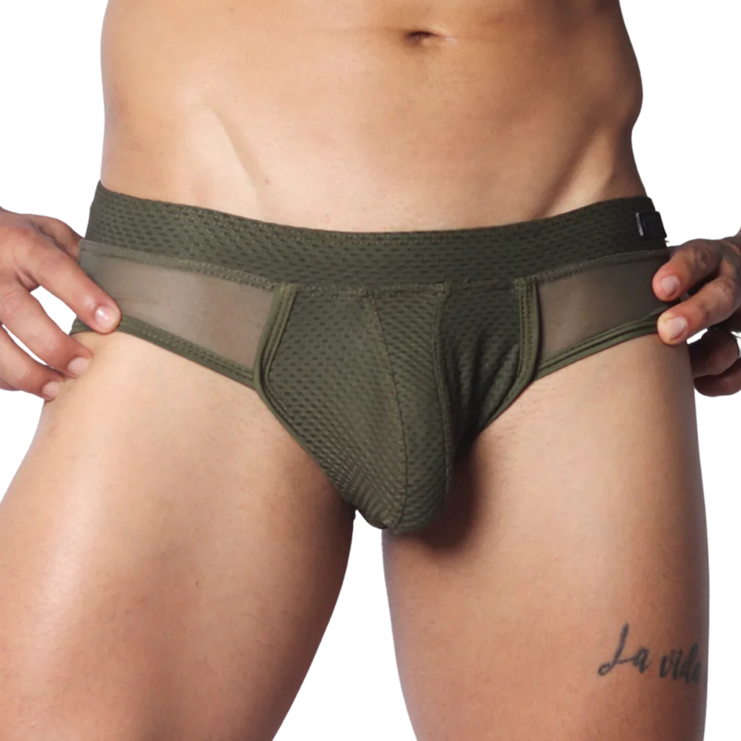 Olive green brief featuring textured mesh fabric, a low-rise waistband, and sheer side panel detailing.