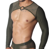 Olive green long-sleeve mesh harness with a central metallic O-ring cutout, worn over a matching mesh brief.