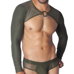 Olive green long-sleeve mesh crop top harness featuring a central O-ring neck detail.