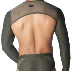 Olive green long-sleeve harness with a textured mesh design and open back.