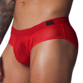 Red mesh athletic brief with a supportive pouch, wide textured waistband, and a black Gigo logo patch.
