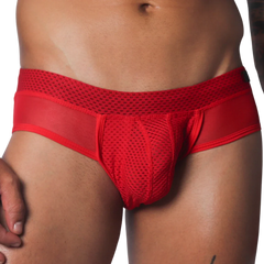 Vibrant red men's low-rise brief featuring sheer mesh panels and a textured mesh pouch for a breathable, athletic fit.