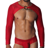 Red long-sleeve crop harness in textured mesh fabric, featuring a central silver O-ring neck accent.