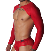 Red mesh long-sleeve crop harness featuring a chest cutout with a silver metal O-ring detail.