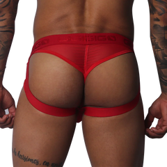 Red mesh jock strap with a wide branded elastic waistband and supportive leg straps.