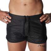 Black athletic mesh shorts with a drawstring waistband and side pockets.