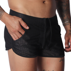 Black mesh athletic shorts with a drawstring waistband, side pockets, and short, curved hem design.