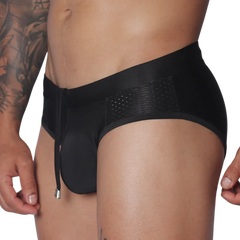 Black swim brief with side mesh panels, a drawstring waist, and metallic tips.