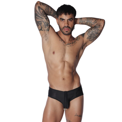 Black swim brief with a central front zipper, silver hardware, and mesh side panel details.
