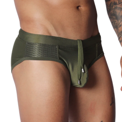 Olive green swim brief with side mesh panels and a drawstring front featuring metallic aglets.