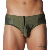 Olive green swim brief with a center drawstring, contoured pouch, and textured side mesh panels.