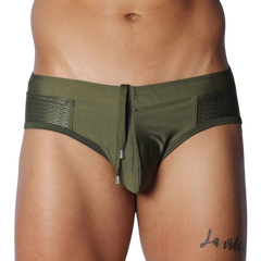 Olive green swim brief with a center drawstring, contoured pouch, and textured side mesh panels.