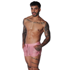 Pink, short-length athletic mesh shorts with a drawstring waist, side pockets, and rounded hem.