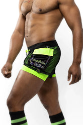 Electro cargo shorts in neon green and black with bold graphic design and sssticks patch for athletic use