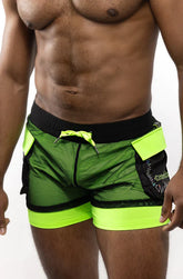 Electro cargo shorts in neon green and black mesh with a bold sporty design for active wear