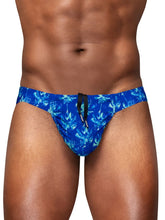 Blue floral-patterned ergoWear ew1826 feel sw swim bikini with black drawstring in royal blue palms design