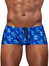 Royal blue ergo wear ew1827 feel sw swim trunks with tropical palm tree pattern and black drawstring