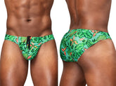 Vibrant green tropical leaf-patterned ergoWear ew1828 feel sw swim bikini in aqua with orange accents and black drawstring