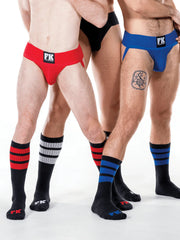Red and blue FK branded ribbed briefs matched with FK Sport black tube sock for athletic use