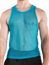 Torso of a man wearing a turquoise mesh Trawler Tank Top paired with black shorts.