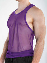 A man wears a purple mesh tank top against a plain background.