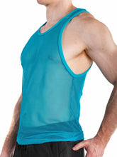 A man wears a turquoise mesh Trawler tank top with a scoop neck, shown in profile against a plain white background.