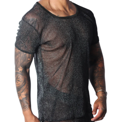 Black sheer scoop-neck T-shirt with a metallic shimmer, lightweight semi-transparent knit fabric.