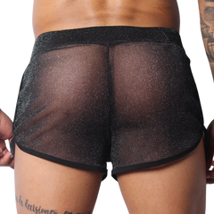 Sheer black athletic short with a subtle metallic shimmer, featuring a wide waistband and black trim.