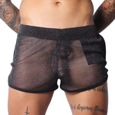 Sheer black metallic glitter shorts with a comfortable elastic waistband and black hem trim.