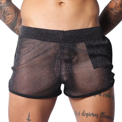 Sheer black metallic glitter shorts with a comfortable elastic waistband and black hem trim.