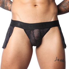 Black metallic shimmer mesh Gigo skirt with a wide branded elastic waistband and open sides.
