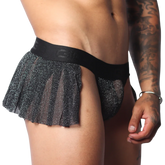 Black glittery sheer pleated mini skirt with a branded elastic waistband on a Gigo jockstrap base.