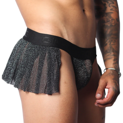 Black glittery sheer pleated mini skirt with a branded elastic waistband on a Gigo jockstrap base.