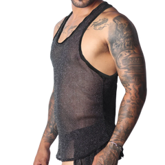 Sheer black racerback tank top in a lightweight, sparkling metallic knit fabric with solid black trim.