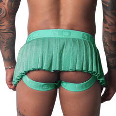 Flash green, glittery pleated miniskirt with a branded elastic waistband and open-back jockstrap design.